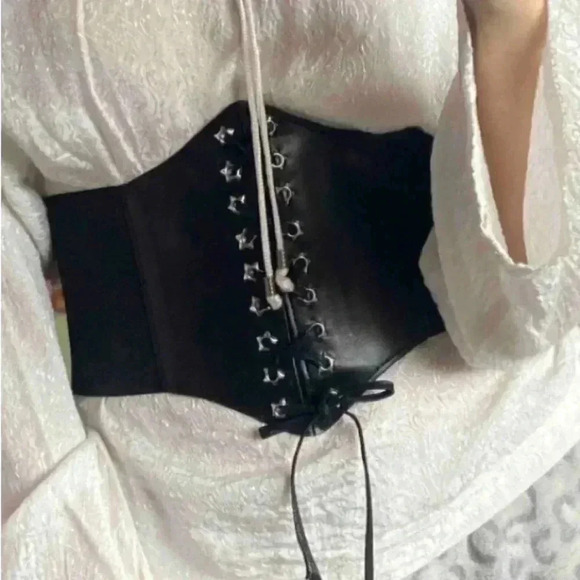 Boutique Accessories - Black Faux Leather Lace-up Wide Waist Elastic-band Corset